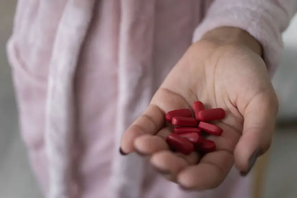 A hand holding a dog joint supplement label next to the bottle